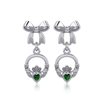 Ribbon with Dangling Gemstone Claddagh Silver Post Earrings TER1861 - Jewelry